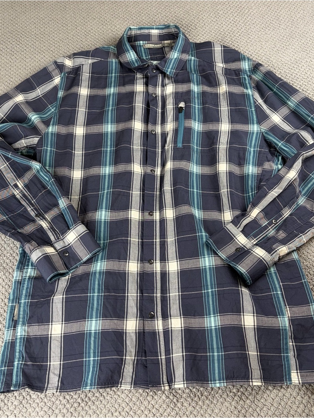 Icebreaker Navy, Teal and White Plaid Button-Down Shirt
